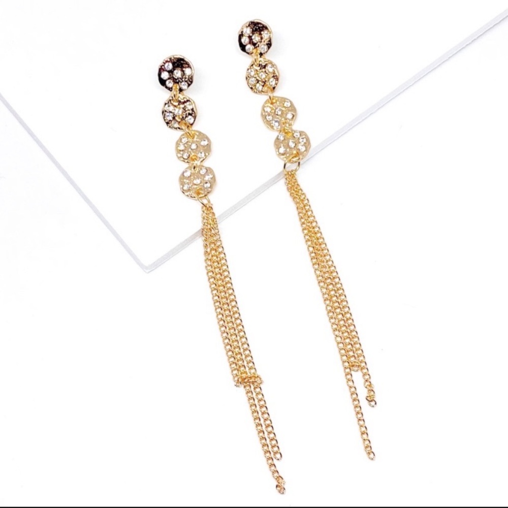 Anthropologie Gold Plated Long Fringed Crystal Chain Drop Earrings